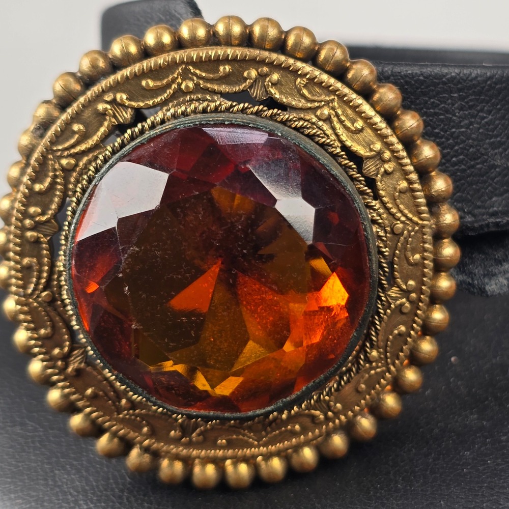 Large Antique Victorian Style Amber Glass Hat Pin Ornate Brass Bead Bezel 9.5"